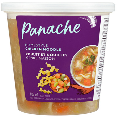 Clear plastic Panache container showing the soup with a purple package sticker that reads Panache Homestyle Chicken Noodle Soup.