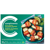 Teal box with photo of seven bacon-wrapped poppers and a lime wedge and cilantro on a teal plate 