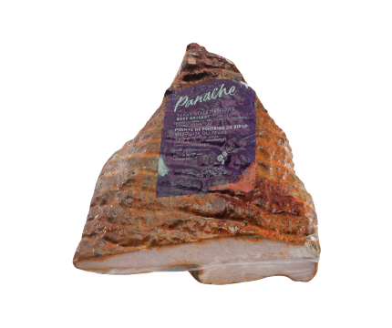 Large deli case–sized Panache Brisket in Texas Mesquite flavour, cryovac wrapped with the purple Panache label on the front.