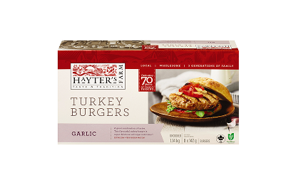 Package of frozen garlic turkey burgers