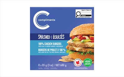 Package label for Compliments 100% Chicken Smashed burgers.
