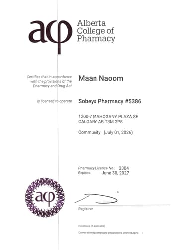 Pharmacy Alberta Certificate