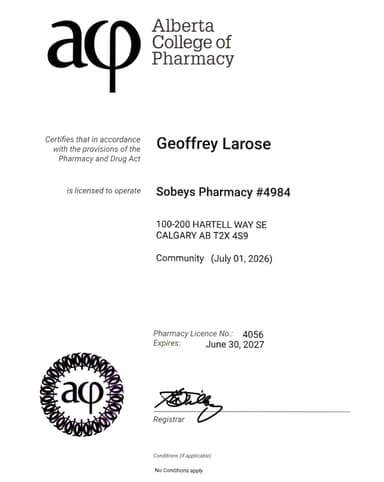 Pharmacy Alberta Certificate