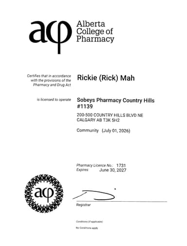 Pharmacy Alberta Certificate