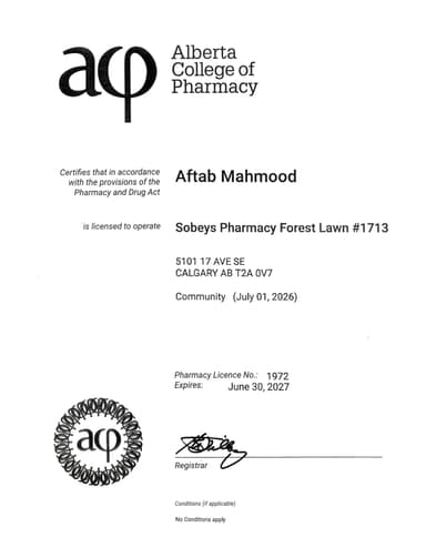 Pharmacy Alberta Certificate