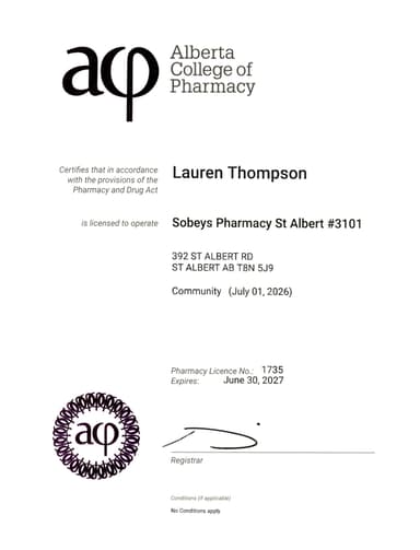 Pharmacy Alberta Certificate