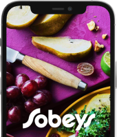 Mobile homepage of Sobeys logo with fruits in the background