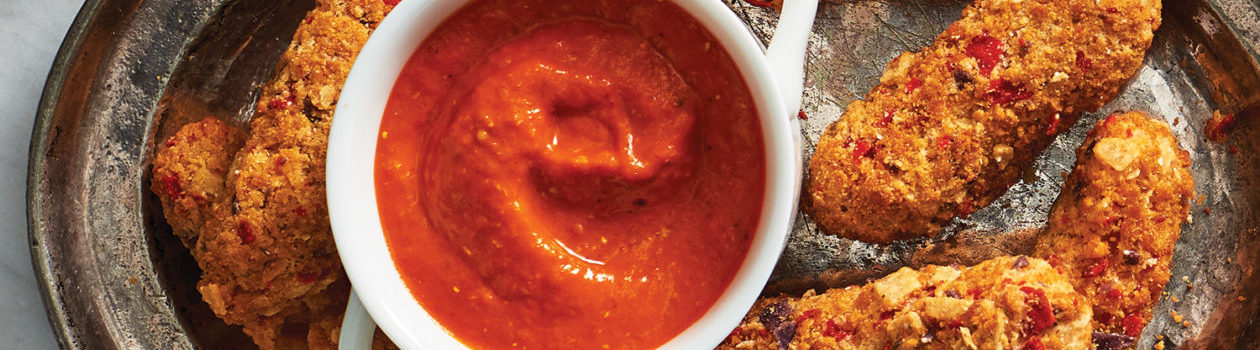 Roasted Red Pepper Hot Sauce with tex-mex cheese sticks