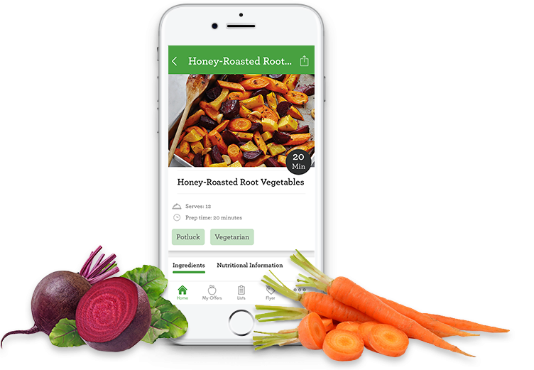 recipe-phone-img Sobeys mobile app showing recipe page for honey roasted root vegatables on smartphone with carrots and beats laid out in front of the phone