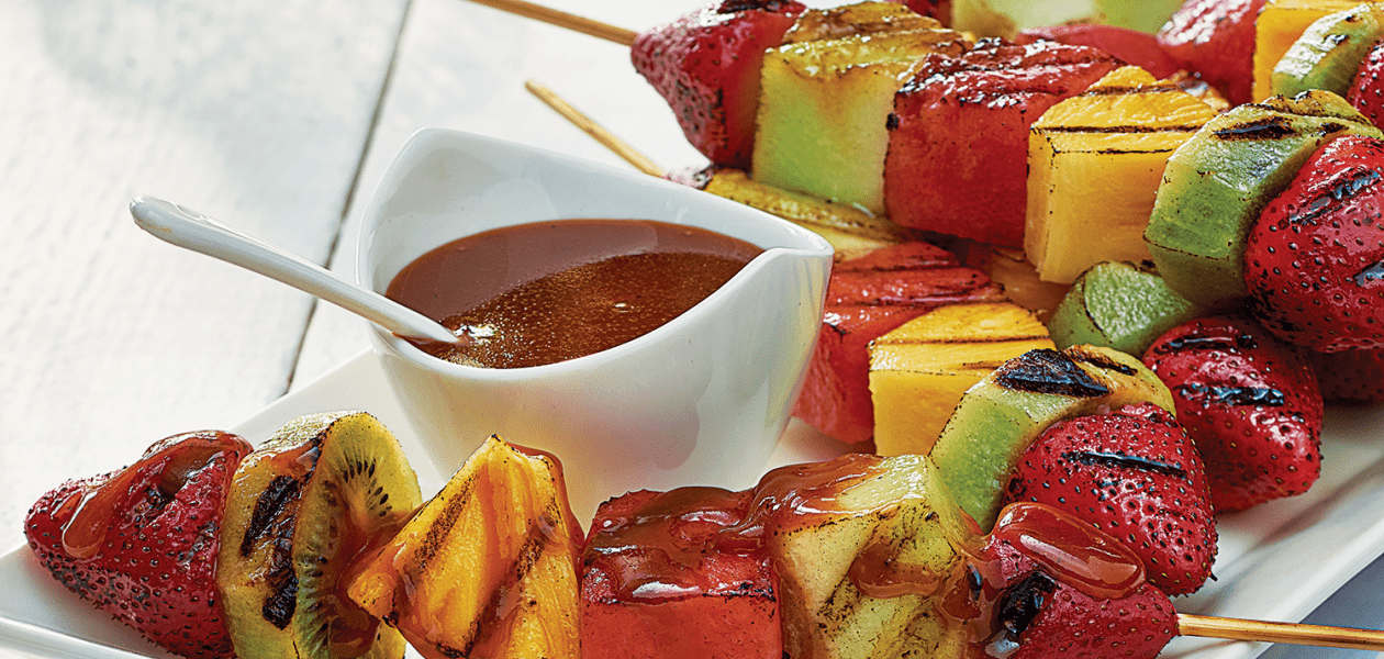 Grilled Fruit Skewers with Habanero Caramel Sauce