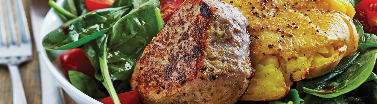 Pan-Fried Pork Chops with Smashed Potatoes & Spinach Salad