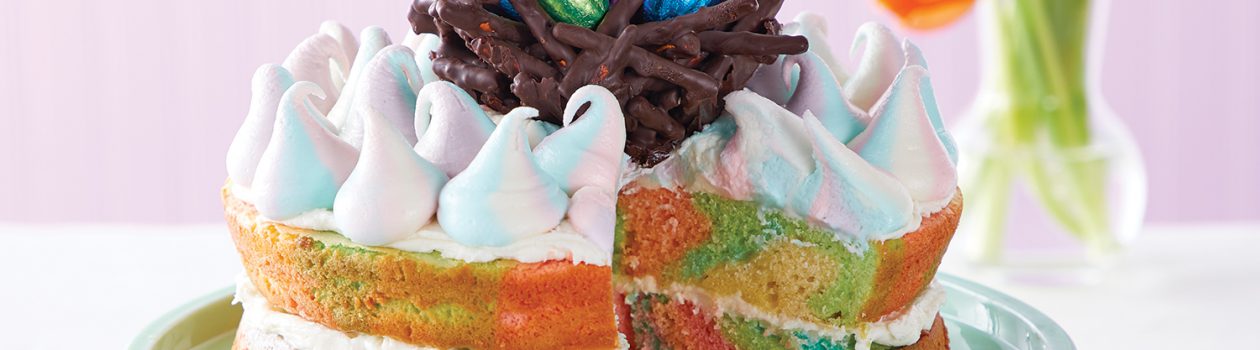 Spring Swirl Cake with Chocolate Pretzel Nest