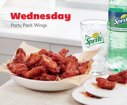 meal-4 Wednesday. Party Pack Wings bowl shown with glass and bottle of Sprite