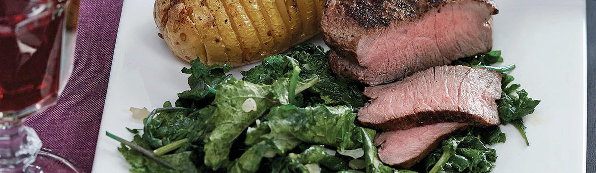 Pan-Fried Steak with Hasselback Potatoes & Kale