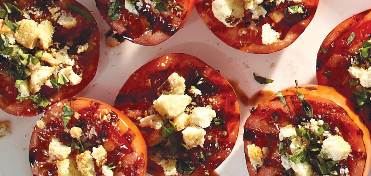 Grilled Balsamic Tomatoes with Basil Crouton Topping