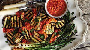 Grilled Eggplant & Green Onions with Red Pepper-Almond Sauce