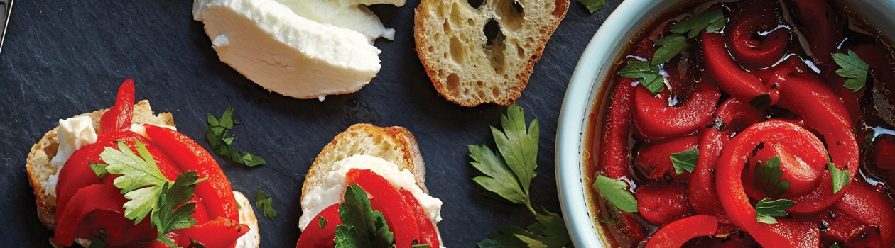 Marinated Roasted Red Peppers & Goat Cheese on Baguette