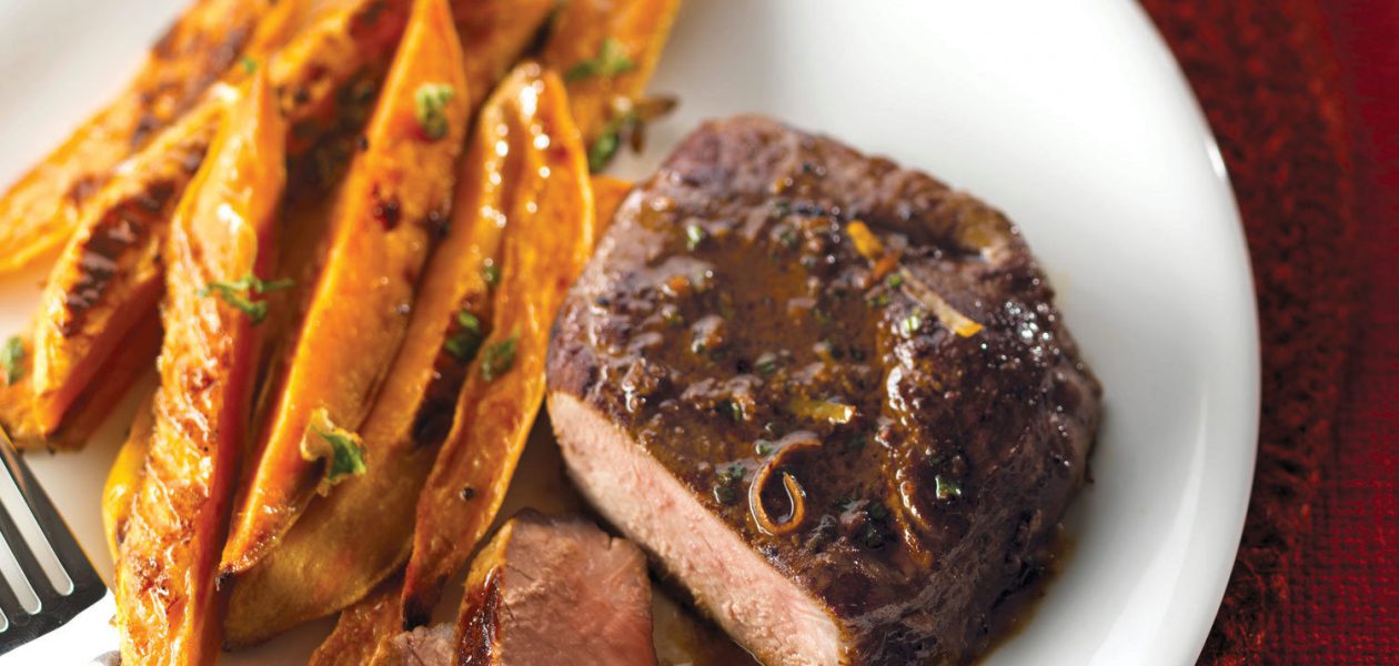 Seared Steak with Horseradish Sauce & Sweet Potato Fries