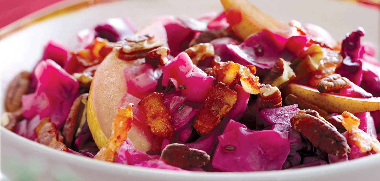 Braised Red Cabbage with Bacon, Pears and Pecan