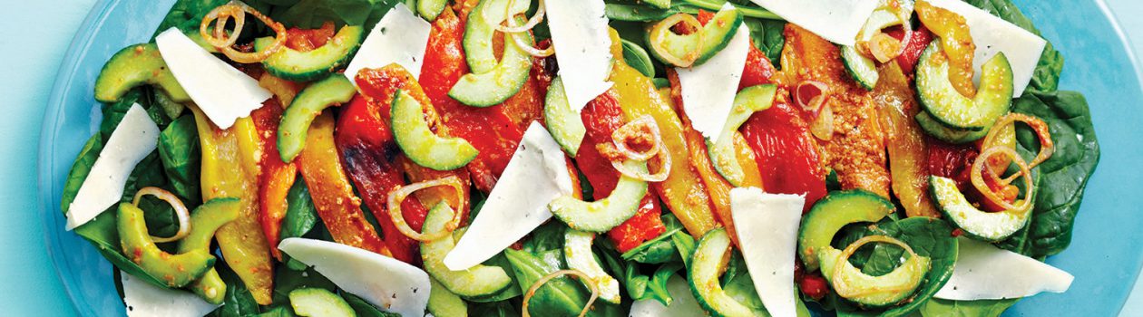 Roasted Peppers & Spinach Salad with Pesto Vinaigrette