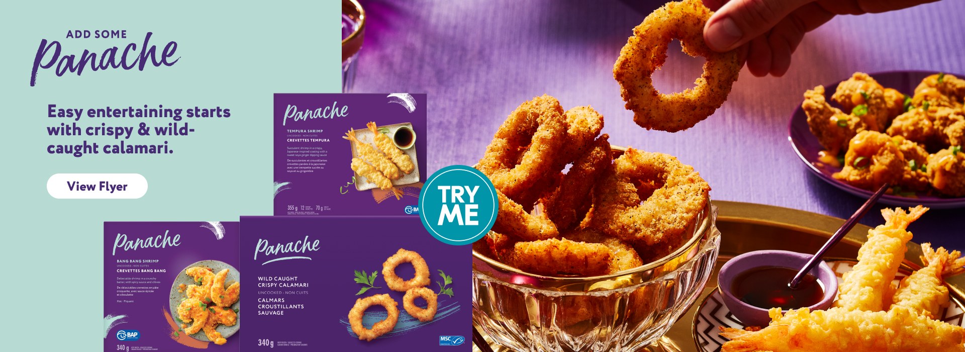 The following image consists of Calamari with the text, "Easy entertaining starts with crispy & wild-caught calamari" written on it.