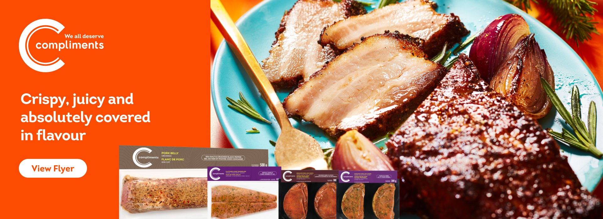 The following image consist of Pork Belly dish on a blue plate, "Crispy, juicy and absolutely covered in flavour, View Flyer."