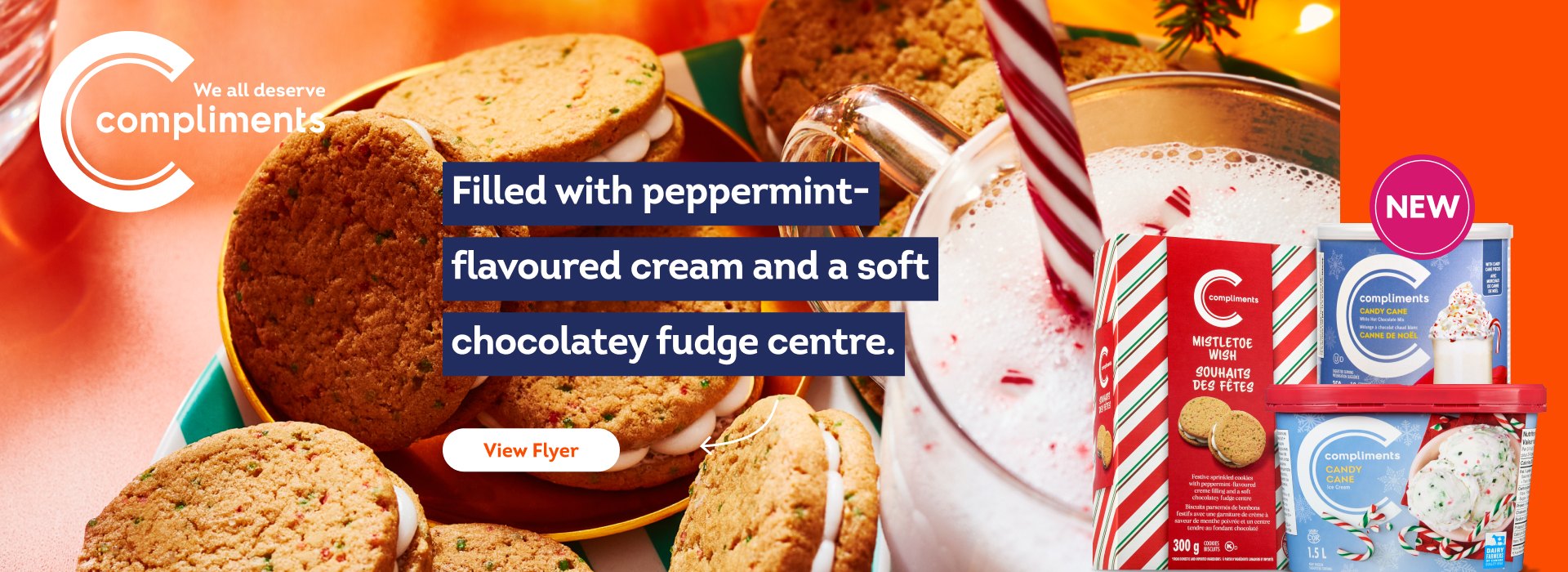 The image consists of three Compliments products with text reading, "Filled with peppermint-flavoured cream and a soft choclatey fudge centre."