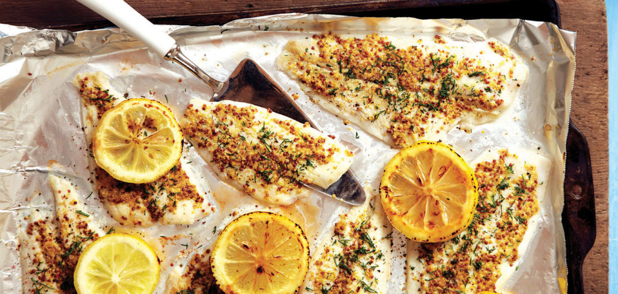 Broiled Dijon Crusted Sole with Lemons