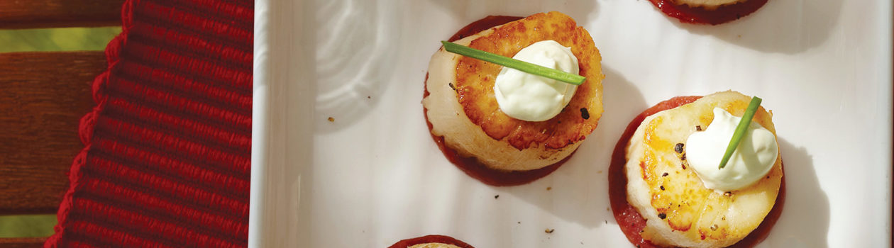 Chorizo & Scallop Bites with Lemon-Wasabi Yogourt
