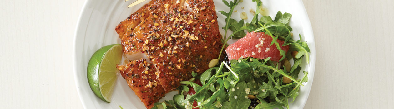 Maple-Chipotle Haddock with Grapefruit, Arugula & Blackberry Quinoa Salad