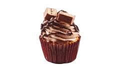 cup-cakes-coffee-crisp Close up of cupcake with a brown liner wrapper iced with chocolate whip, a fudge drizzle and a piece of a Coffee Crisp bar.