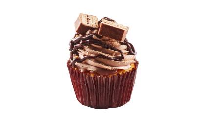 cup_cake_coffee_crisp Close up of cupcake with a brown liner wrapper iced with chocolate whip, a fudge drizzle and a piece of a Coffee Crisp bar.