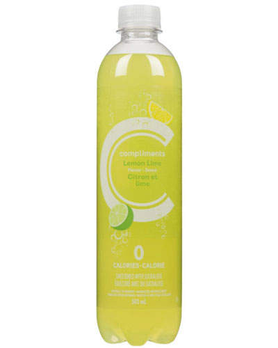 A 503 mL bottle of Compliments Lemon-Lime Flavoured Sparkling Water with a yellow package band across the front of the plastic bottle with a lime illustration.