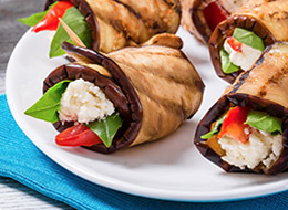 Eggplant slices rolled around in herbed cheese.