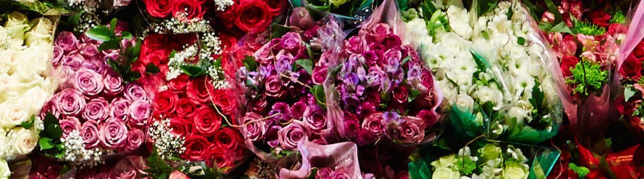 Wrapped floral arrangements of various colours and flowers in a floral department.