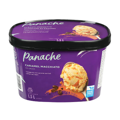 Purple Panache Caramel Macchiato ice cream tub with a scoop of the ice cream in the right-hand corner along with a few coffee beans in shot.