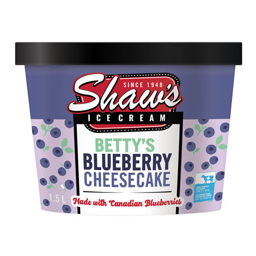 Package of Shaw's Betty's Blueberry Cheesecake Ice Cream container with name on front.