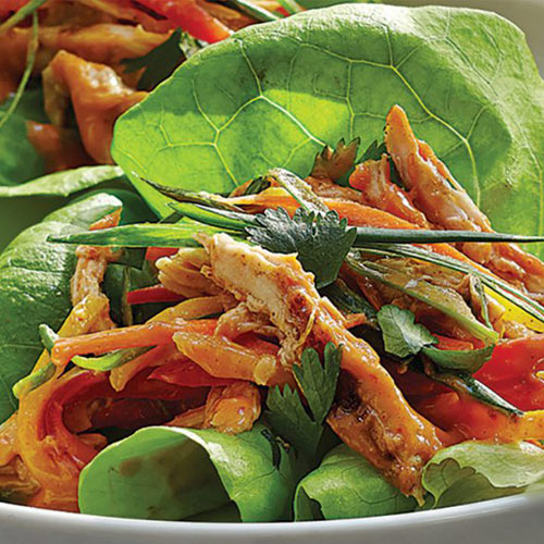 Peanut dressed shredded chicken, mango and vegetables over a Boston bib lettuce leave, served on white plates.