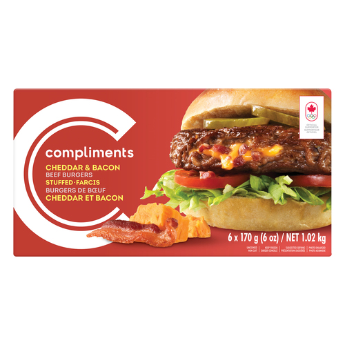 Package of Compliments cheddar & bacon stuffed beef burgers with an image of a fully loaded, dressed burger on the front of package.