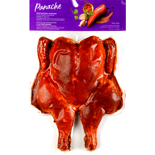 Cryovac-sealed package of Portuguese-inspired flattened chicken with purple label top.