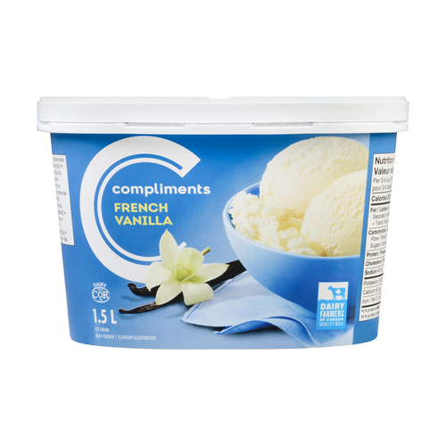 Blue package of Compliments French Vanilla ice cream with scoops of the ice cream on front of package along with a vanilla bean.