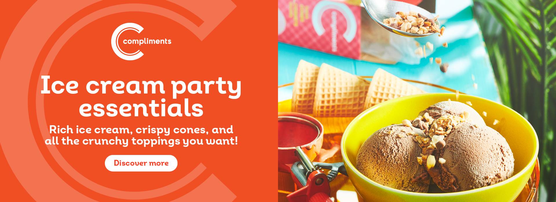 Text Reading 'Ice-cream party essentials. Rich Ice-cream, crispy cones, and all the toppings you want! 'Discover More' from the button given below.'