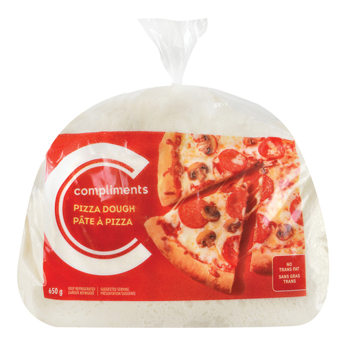 Clear plastic bag of Compliments Pizza dough ball with red label across the front.