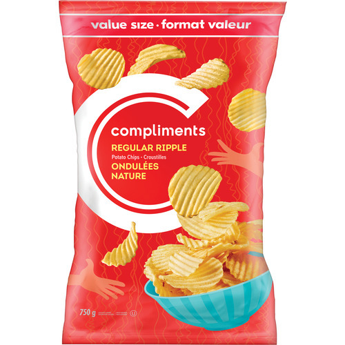 Red package of Compliments regular ripple potato chips with image of rippled chips in a bowl on the front.