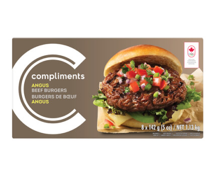 Brown package box featuring a fully dressed Angus beef burger on a bun on package. 
