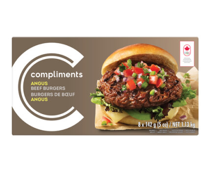 Brown package box featuring a fully dressed Angus beef burger on a bun on package.
