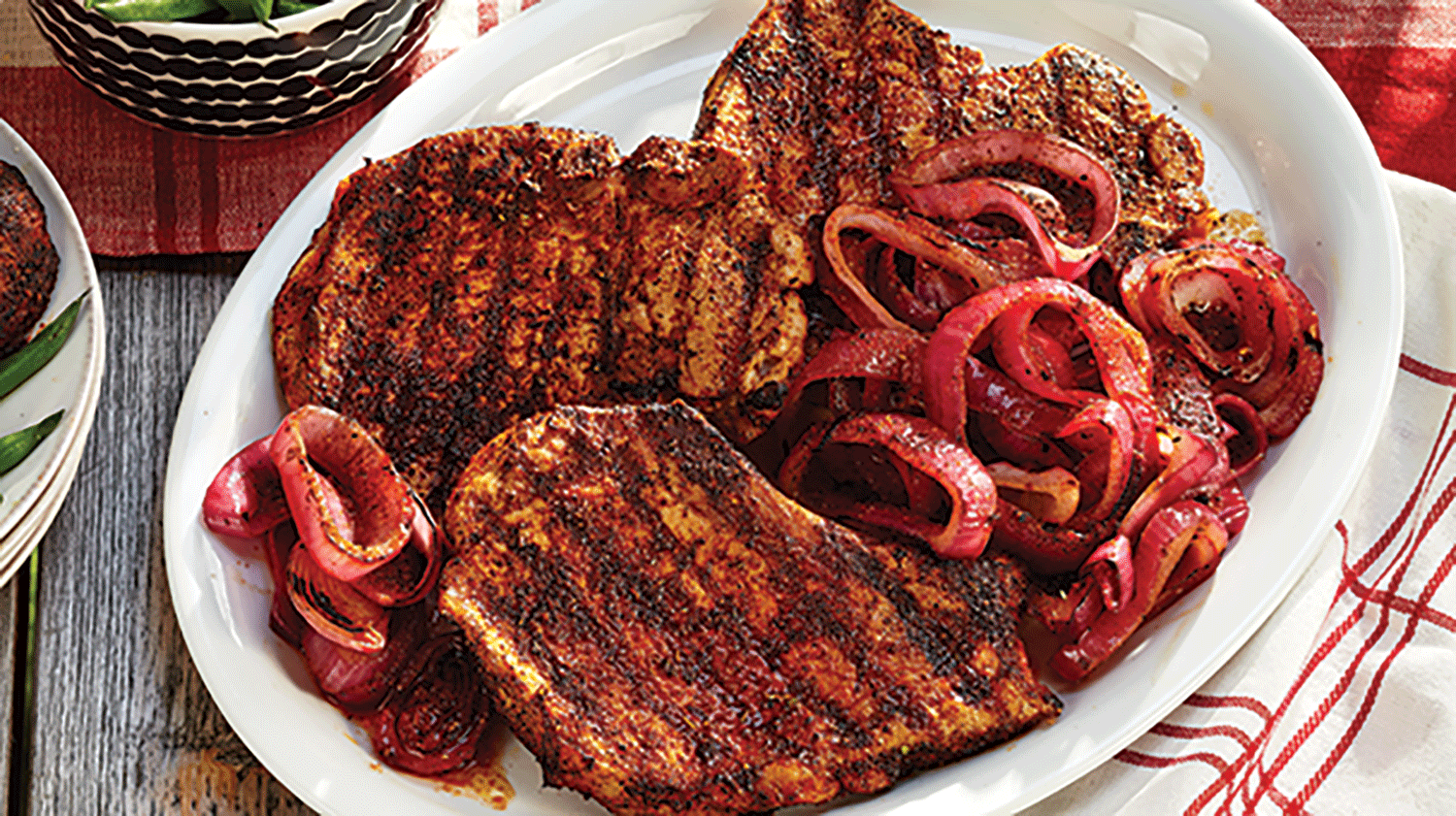 Blackened Pork Chops &amp; Charred Cajun Onions-image