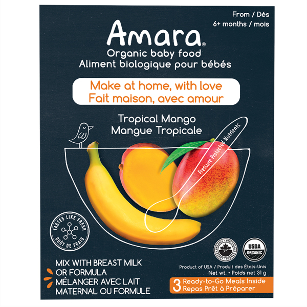 Black Box with banana and sliced mango on the front of the Amara cereal box with a white outlined illustration of a bowl, spoon and bird.