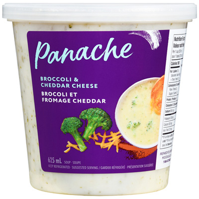 Clear plastic Panache container showing the soup with a purple package sticker that reads Panache Broccoli & Cheddar Cheese Soup.
