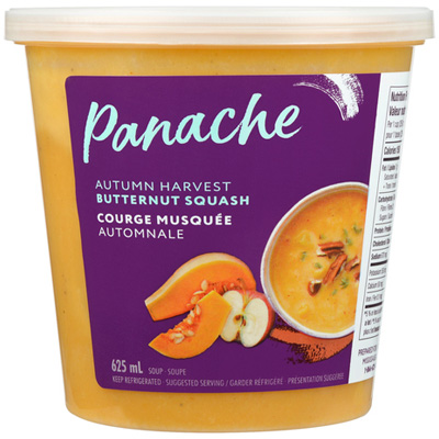 Clear plastic Panache container showing the soup with a purple package sticker that reads Panache Butternut Squash Soup.